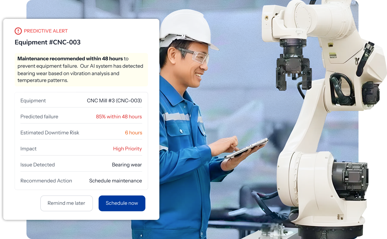 Predictive maintenance alert showing equipment status and recommended actions